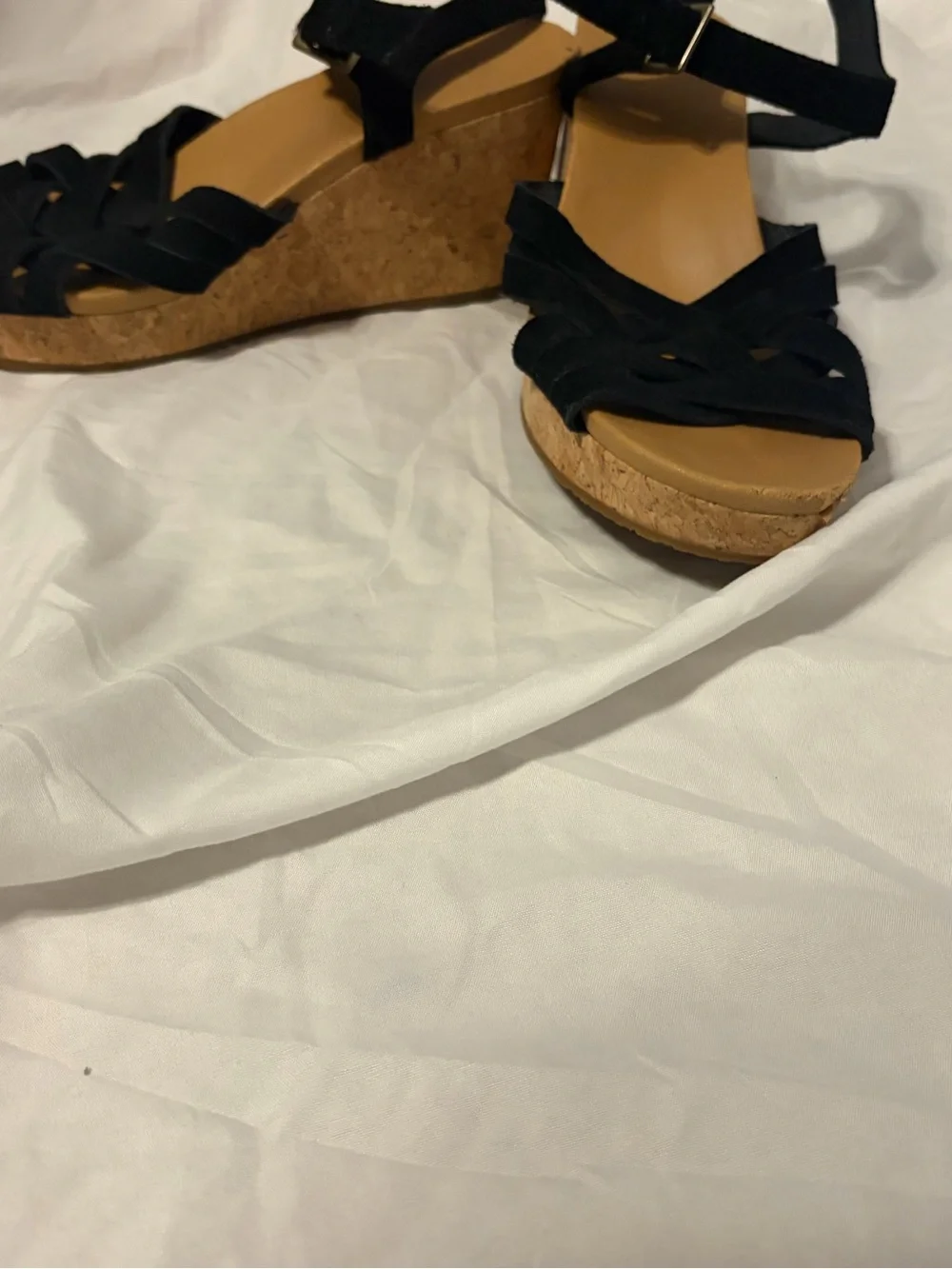 UGG Black Strappy Wedge Sandals with Cork-Style Heel